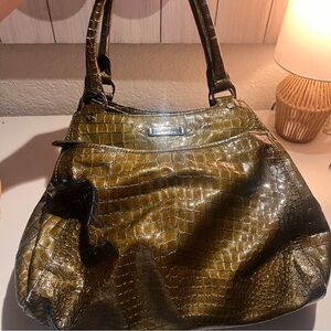 Cole Haan Olive Croc-Embossed Patent Leather Shoulder Bag